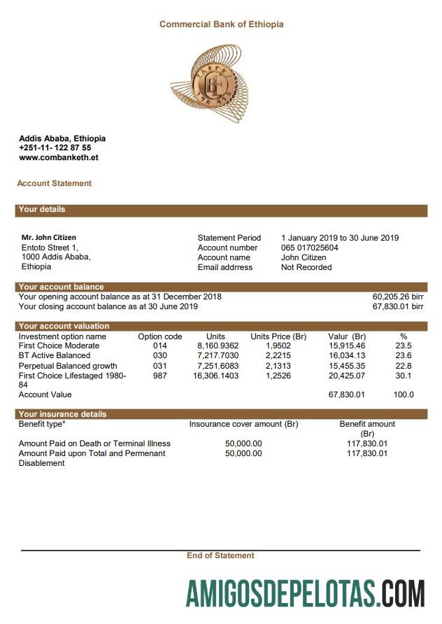 Exemplo de extrato bancário do Banco Comercial da Etiópia da Etiópia